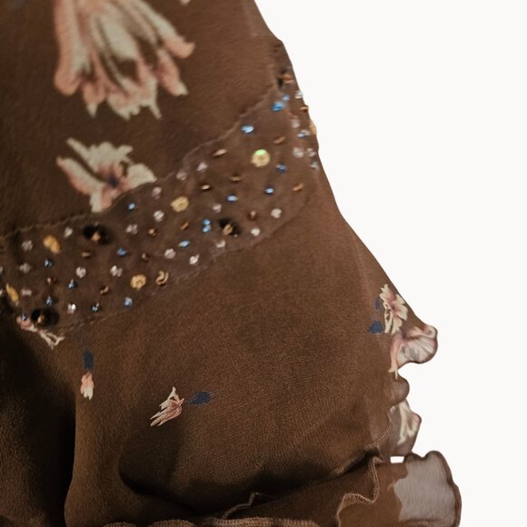 Fairy Cottage Core Dress Frilled Layer Midi Silk Brown Floral 12 Nicole Miller - Picture 14 of 16